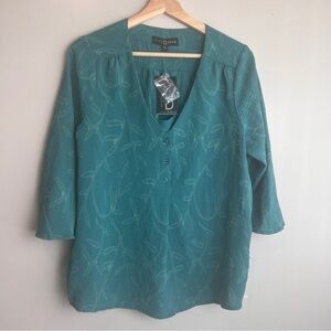 Fred David NWOT Teal Embroidered Blouse Size Medium (21” ptp)
